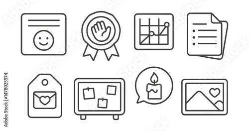 Line style icons of ending and closure in therapy: last session card icon, goodbye ritual badge, review of journey chart, what I’ve learned file, goodbye letter tag, future supports board, closure
