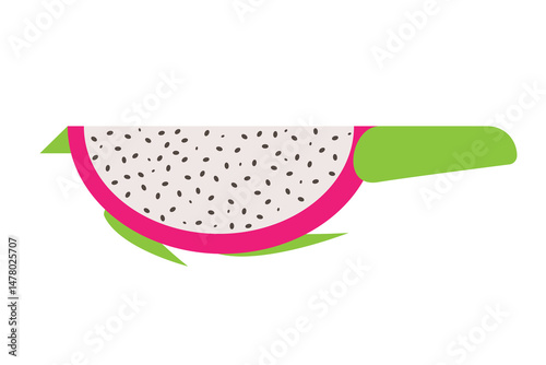 Minimalist dragon fruit slice illustration with pink skin, white flesh, and black seeds, isolated on white background. Perfect for tropical, healthy food, and modern design themes. 