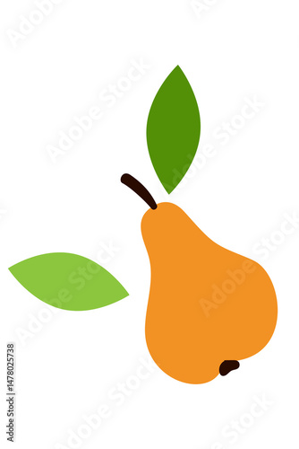 Minimal abstract pear illustration with green leaves, orange fruit, and brown stem, isolated on white background. Perfect for food, fruit, healthy eating, and modern design themes. PNG 