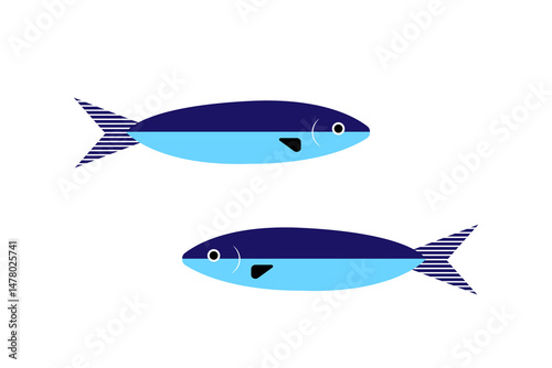 Minimalist blue fish illustration, two stylized sardines with striped tails, isolated on white background. Perfect for seafood, marine, aquatic, and modern design themes. PNG