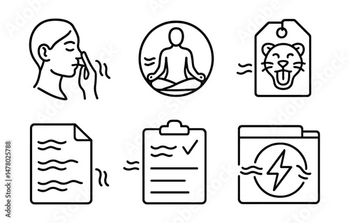 Line style icons of breathing in yoga (pranayama): alternate nostril breath icon, breath retention badge, lion’s breath tag, three-part breath chart, breath focus board, calming exhale file, counting