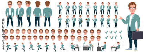 Man Character design. Front, side, back view and explainer animation poses. Character set with lip sync and facial expressions of Happy, angry, sad, Joy with Side walk cycle animation sequence sprite 