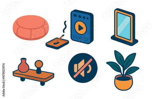 Isometric flat vector set of illustrations of meditation room setup: floor cushion, incense tray, guided audio device, natural light panel, minimal decor shelf, calm colors palette, indoor plant,
