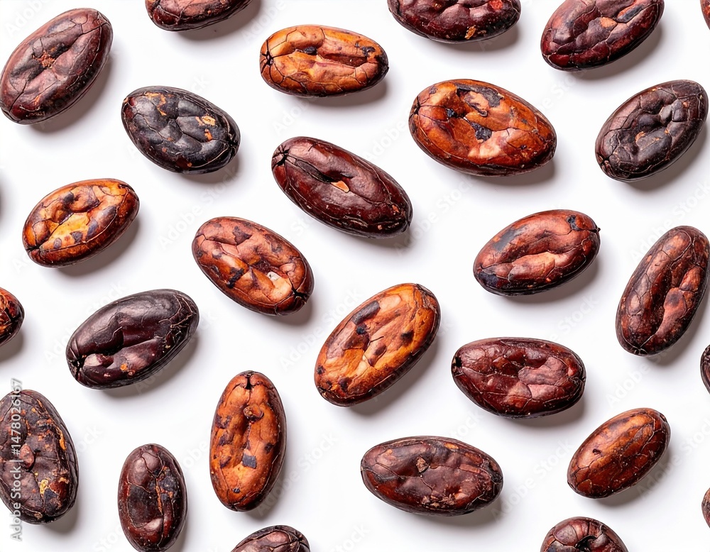 Obraz premium Scattered cocoa beans on a white background, cocoa beans, cocoa bean composition.