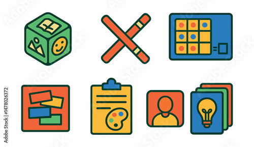 Isometric flat vector set of illustrations of arts-integrated learning: story cube tool, rhythm sticks, drawing response page, creative math board, poem building card, art reflection sheet, student