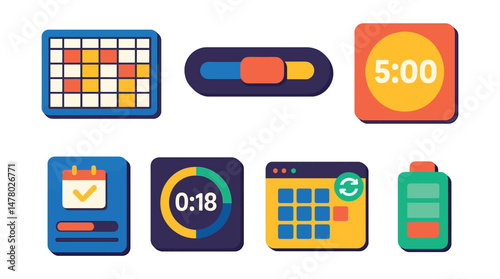 Isometric flat vector set of illustrations of digital time management: weekly planner grid, time block slider, focus mode toggle, break timer, daily goal card, meeting countdown, calendar sync tab,