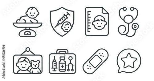 Line style icons of pediatric care: baby scale icon, child vaccine badge, growth chart file, pediatric stethoscope tag, child-friendly room board, doctor’s toy kit, cartoon bandage symbol, sticker