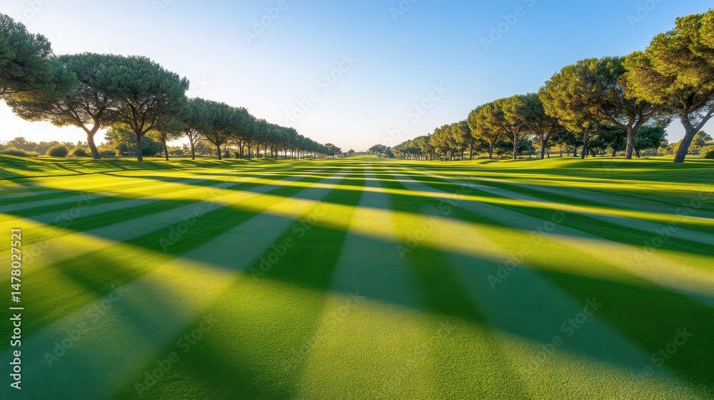 Fototapeta premium Lush golf course landscape, expansive green fairways with trees lining the edges, serene outdoor recreation and relaxation.