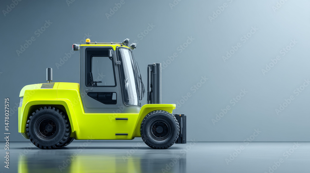 Naklejka premium Bright yellow forklift parked in a modern industrial space.