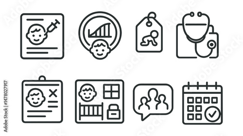 Line style icons of child health and pediatrics: vaccination card icon, child growth curve badge, milestone tracker tag, pediatric stethoscope file, sick day plan board, child-safe room chart, family