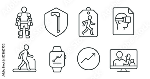 Line style icons of rehabilitation technology: robotic exoskeleton icon, adaptive device badge, motion analysis tag, VR therapy file, gait training board, wearable rehab tracker chart, physical