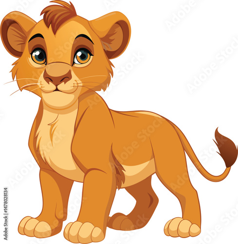 Playful Lion Cub: An adorable lion cub stands confidently with a charming smile, with an endearing demeanor, against a neutral backdrop, perfect for children's media.