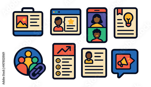 Isometric flat vector set of illustrations of online creative community: digital portfolio icon, project feedback tab, creator match screen, resource library card, group collab badge, trend challenge