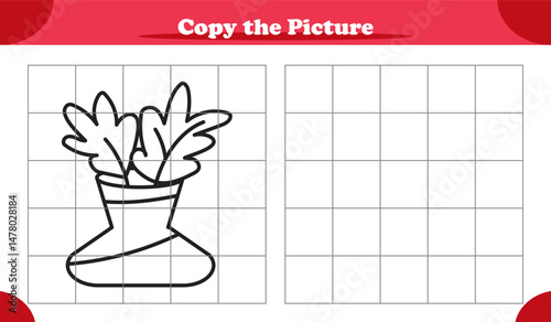 Copy the picture activity game for kids featuring leaves in the vase