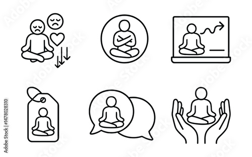 Line style icons of emotional support in meditation: process sadness icon, self-soothing badge, meet the feeling file, safe container board, anxiety + breath chart, “let it be” tag, kind voice bubble
