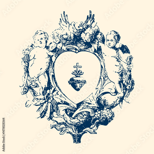 Sacred Heart Emblem: Intricate illustration of a sacred heart, symbol of love, faith, and devotion, set against a decorative background.