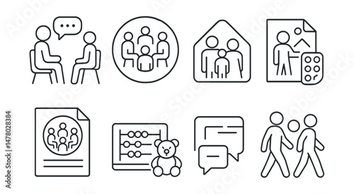 Line style icons of counseling and therapy formats: one-on-one session icon, group therapy badge, family counseling tag, art therapy board, talk circle file, play therapy kit chart, online session