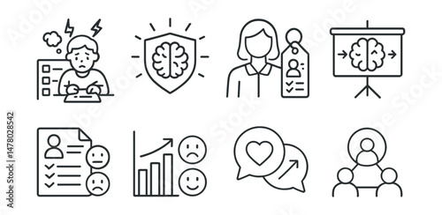 Line style icons of psychology in education: test anxiety icon, learning mindset badge, school counselor plan tag, attention support board, classroom behavior log file, emotional regulation in school