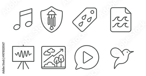 Line style icons of calming sounds: soft music icon, chime and bell badge, rain audio tag, ocean waves file, white noise board, wind through trees chart, guided relaxation track bubble, humming sound