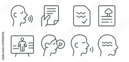 Line style icons of guided relaxation: soft voice icon, script in hand badge, progressive muscle relax tag, guided story file, body scan board, narrator cue chart, chime start bubble, calm voice