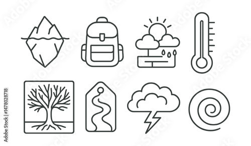 Line style icons of therapy metaphors and visuals: iceberg of emotion icon, backpack of burden badge, weather for mood chart, feeling scale thermometer file, tree of resilience board, river of life