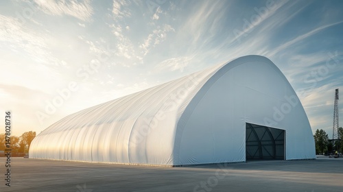 Modern White Fabric Warehouse Structure Under a Cloudy Sky