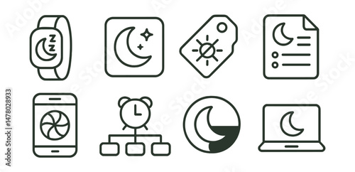 Line style icons of digital tools for sleep: sleep tracker icon, calming app badge, blue light filter tag, sleep stats file, mobile wind-down board, alarm options chart, night mode bubble, digital