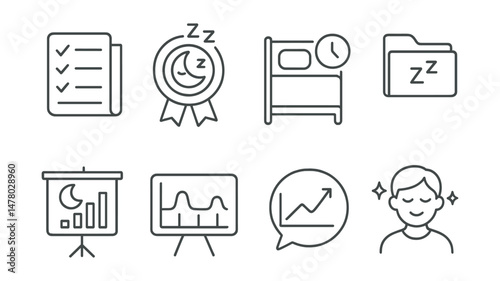 Line style icons of sleep tracking and improvement: daily log icon, sleep quality badge, time in bed tag, interruptions file, deep sleep board, sleep phase chart, sleep trend bubble, better rest