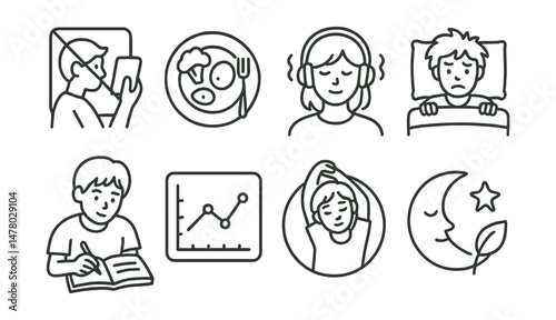Line style icons of routines with teens and sleep: digital boundary icon, light dinner badge, music for calm tag, sleep struggle file, teen journal board, late start preference chart, evening stretch