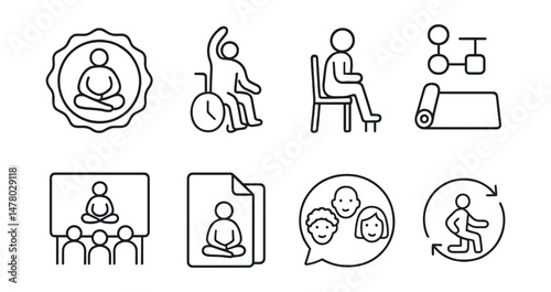 Line style icons of inclusivity in yoga: all bodies welcome icon, wheelchair yoga badge, chair yoga pose tag, mat with options chart, community without comparison board, trauma-safe space file,