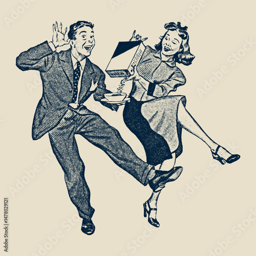 Elegant Dance of Joy: A vintage illustration showcases a man and woman in a joyous dance, their expressive faces and graceful movements capturing the essence of carefree happiness.