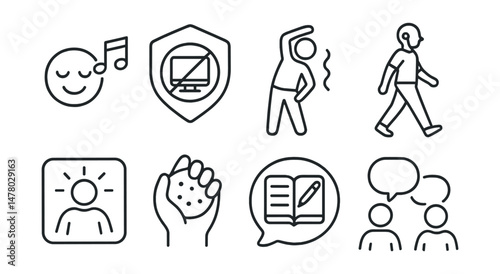 Line style icons of coping strategies for teens: music and mood icon, screen break badge, stretch and move tag, walk with earbuds file, breathing square board, stress ball chart, journal prompt