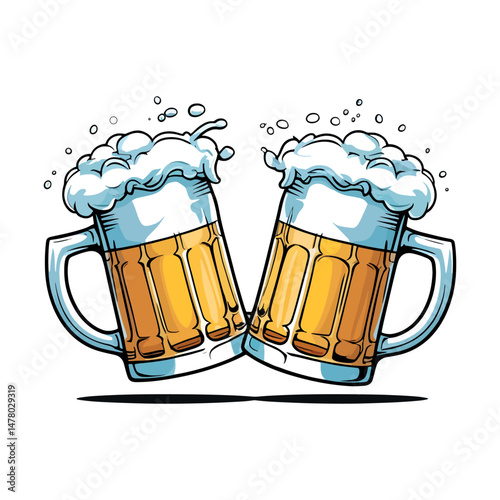 Cheers Illustration-Two Clinking Beer Mugs.