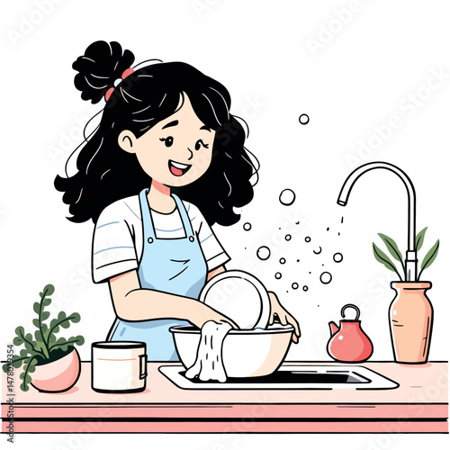 Vsai smiling woman washing dishes in kitchen sink