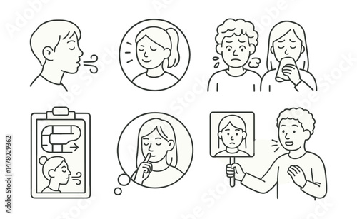 Line style icons of adolescent breath practices: short and focused breath icon, breath to chill badge, social anxiety breath file, study stress tag, “cool down” breath board, discreet breathing