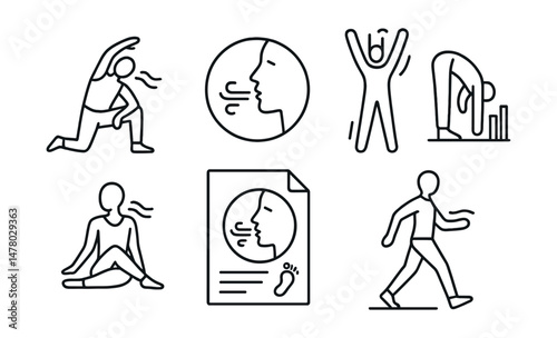 Line style icons of breath with movement: breath + stretch icon, breath cue with flow badge, inhale to rise tag, exhale to fold chart, breath to twist board, sync with steps file, breath in yoga