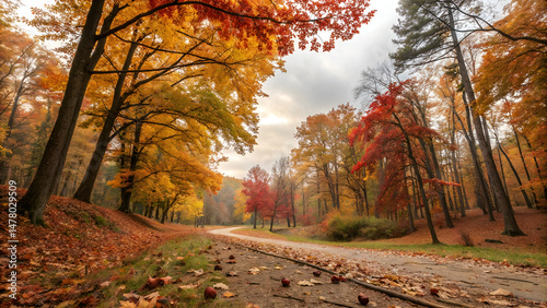 Scenic Autumn Forest Path with Colorful Foliage and Blue Sky – Fall Season Landscape Background
