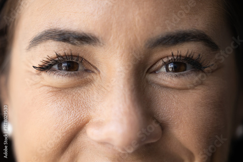 Beauty of happiness. Cropped portrait upper part of face attractive smiling young adult female looking at camera. Healthy eyes good vision black mascara for eyelashes contact lenses concept. Close up