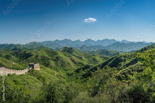 Great Wall of China winding over mountains, under a clear sky. Landscape scenery photo