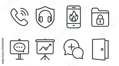 Line style icons of safe response zones: call from quiet icon, headphones in badge, crisis app on home screen tag, lock screen shortcut file, “find quiet now” board, safe space near chart, hide +