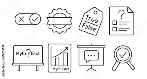 Line style icons of mental health myths and facts: myth/fact toggle icon, bust the myth badge, “true or false” tag, quiz page file, interactive board, myth correction chart, classroom slide bubble,
