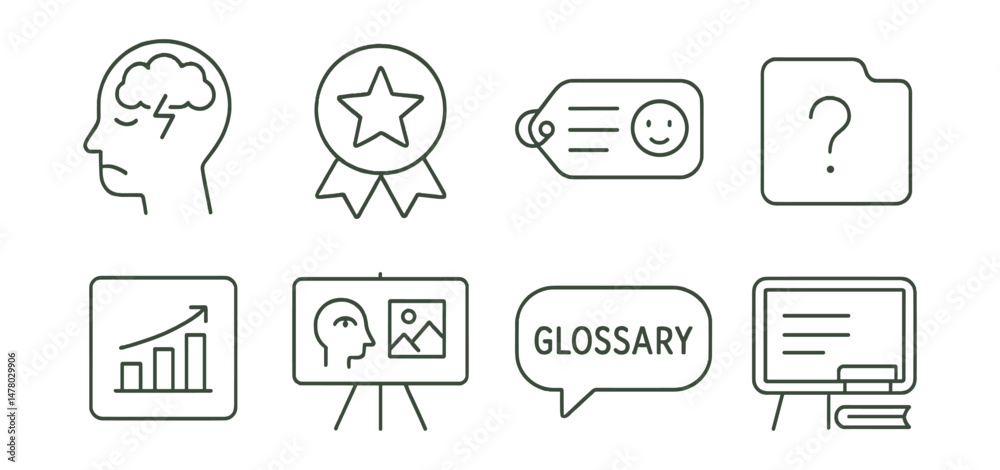 Line style icons of mental health vocabulary building: define “anxiety” icon, word of the week badge, mood synonym tag, “what does ___ mean?” file, flashcard chart, visual definition board, glossary