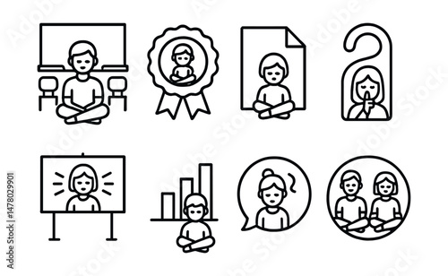 Line style icons of meditation for students: classroom calm icon, study break badge, exam prep file, quiet in hallway tag, social anxiety board, short student focus chart, learn and breathe bubble,