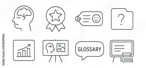 Line style icons of mental health vocabulary building: define “anxiety” icon, word of the week badge, mood synonym tag, “what does ___ mean?” file, flashcard chart, visual definition board, glossary