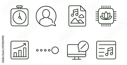Line style icons of digital meditation tools: timer app icon, voice library badge, nature sound player file, mindful tech board, session history chart, progress dot tag, screen + silence bubble,