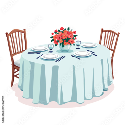 Vsai round table with light blue tablecloth set for dinner party