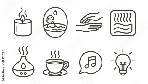 Line style icons of sensory relaxation: scented candle icon, warm bath badge, calming touch tag, soft texture file, essential oil diffuser chart, taste of tea board, pleasant sound bubble, dim light