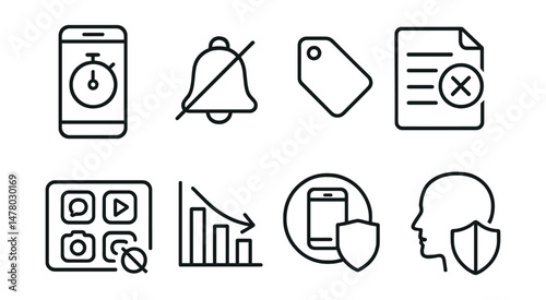Line style icons of boundaries with tech: phone timer icon, disable alert badge, digital detox tag, quiet screen file, mute apps board, low-input chart, tech boundary bubble, protect focus symbol.