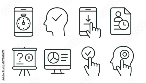 Line style icons of mindful device use: tech timer icon, single-task mode badge, intentional scroll tag, set usage limit file, “pause to ask why” board, screen with purpose chart, conscious click