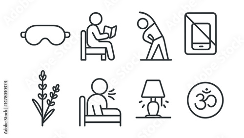 Line style icons of calm rituals before sleep: eye mask icon, read before bed badge, slow stretch tag, no alerts file, lavender scent board, deep breath in bed chart, warm light bubble, bedtime
